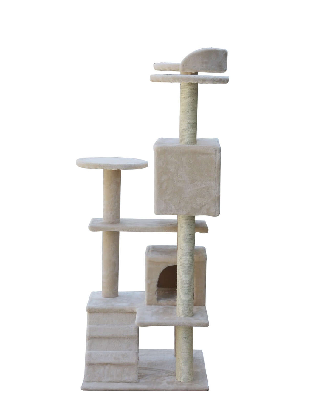 Affordable 130 cm beige cat scratching post tree with multiple platforms and bed cubes for fun and comfort.