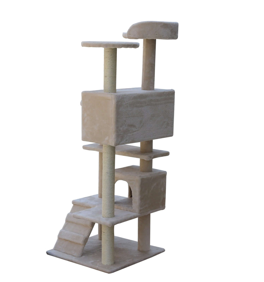 YES4PETS 130 cm beige cat scratching post with perches, cubes, and multiple levels for climbing and play.