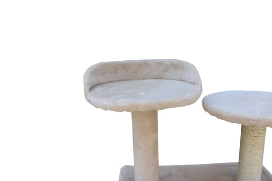 Close-up of cozy beige cat tree platform, perfect for lounging and scratching. Affordable quality cat furniture.