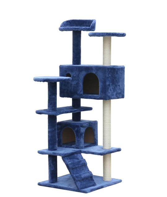 YES4PETS 130 cm blue cat scratching post tree with platforms, tubes, and bed cubes for comfort and fun.