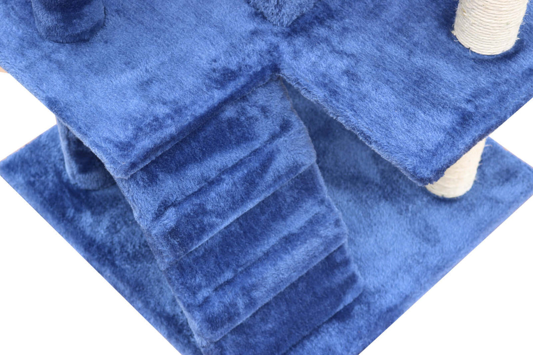 Close-up of YES4PETS blue cat scratching post, featuring plush stairs and sisal-wrapped pillars for comfort and play.