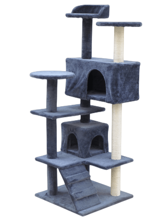 Affordable luxury cat tree with multiple platforms, bed cubes, and scratching posts in stylish grey.