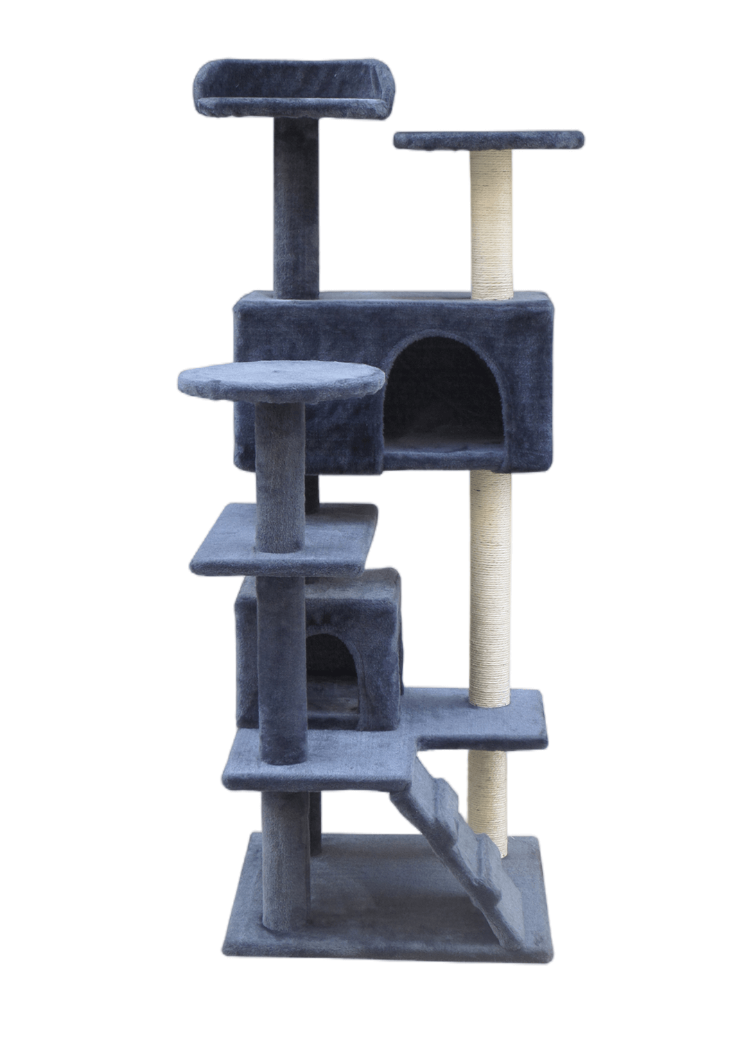 Affordable quality cat tree with multiple platforms, scratching post, and plush carpeted surface in grey.