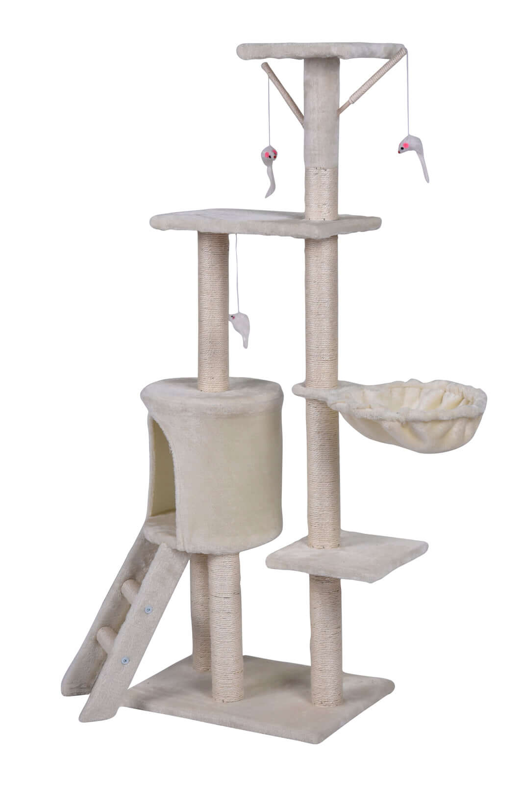 Affordable 138cm beige cat scratching post tree with cubby, platforms, and ladder for playful pets.