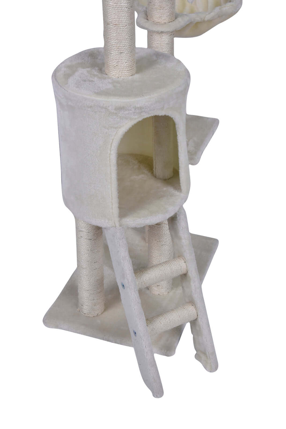 Affordable 138cm cat scratching post tower with cubby house, platforms, and ladder for quality pet play and relaxation.