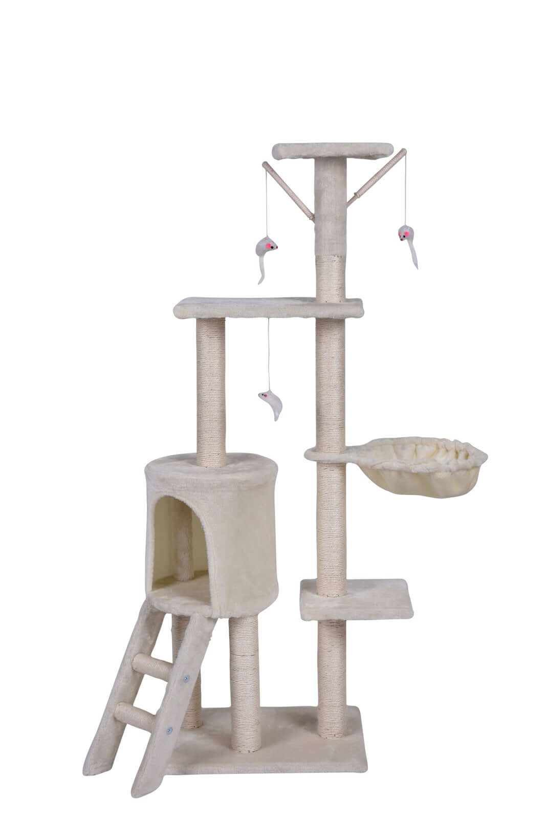 YES4PETS 138cm beige cat scratching post tree with ladder, cubby holes, and platforms for climbing and scratching.