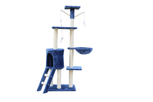 YES4PETS 138cm blue cat scratching post tower with ladder, cubby holes, and sisal wrapped poles for quality cat play.