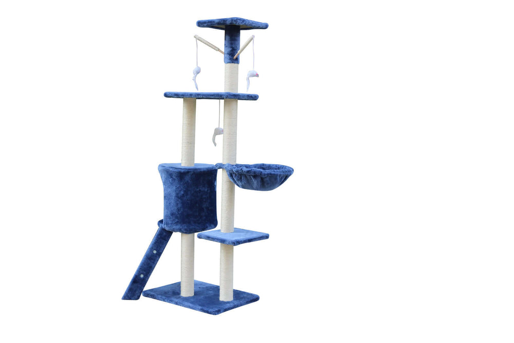 Affordable YES4PETS 138cm blue cat scratching post tree with platforms, cubbies, and sisal poles for claws maintenance.