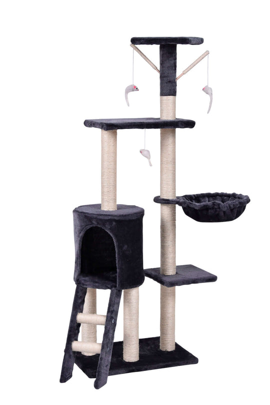 Affordable grey cat scratching post tower with ladder, cubby holes, and plush platforms for playful kittens.