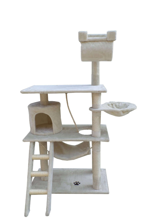 Affordable YES4PETS 140 cm cat scratching post tree with ladder and hammock in beige color.