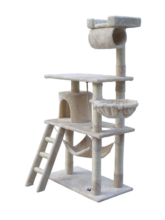 Affordable 140 cm cat scratching post tree with ladder and hammock in beige, perfect for climbing and scratching.