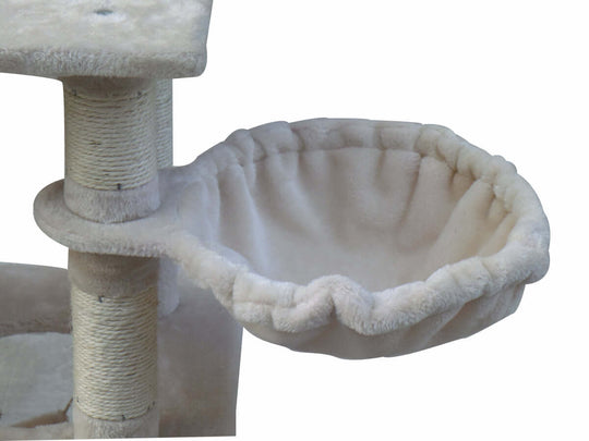 Close-up of a plush, beige hammock on a cat scratching post, offering comfort for climbing cats.