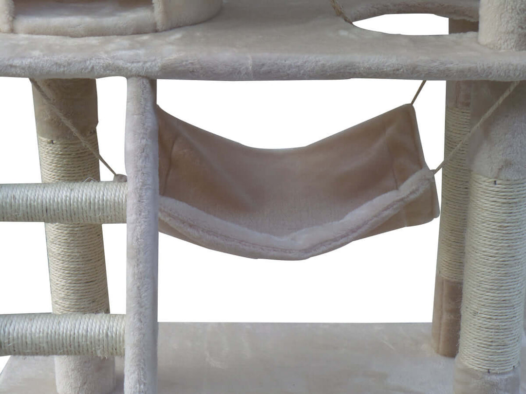 Close-up of the relaxing hammock on the YES4PETS 140 cm cat scratching post tree, ideal for affordable pet fun.