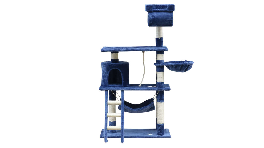 YES4PETS 140cm blue cat scratching post with ladder, hammock, and multiple platforms for play and relaxation.