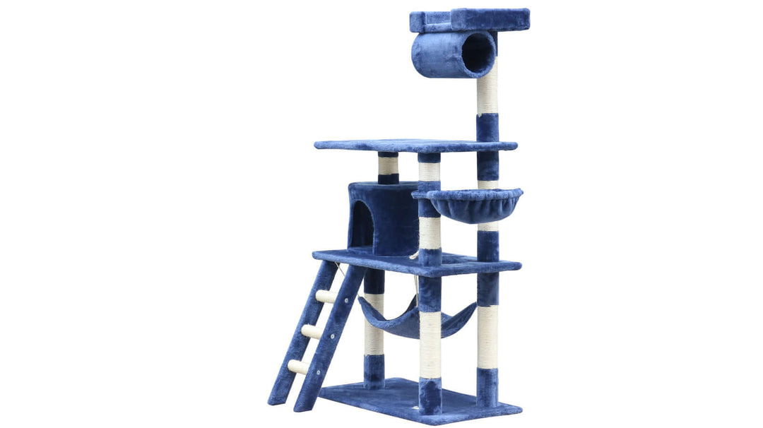 YES4PETS 140 cm Blue Cat Scratching Post with ladder, hammock, and multiple platforms for climbing fun.