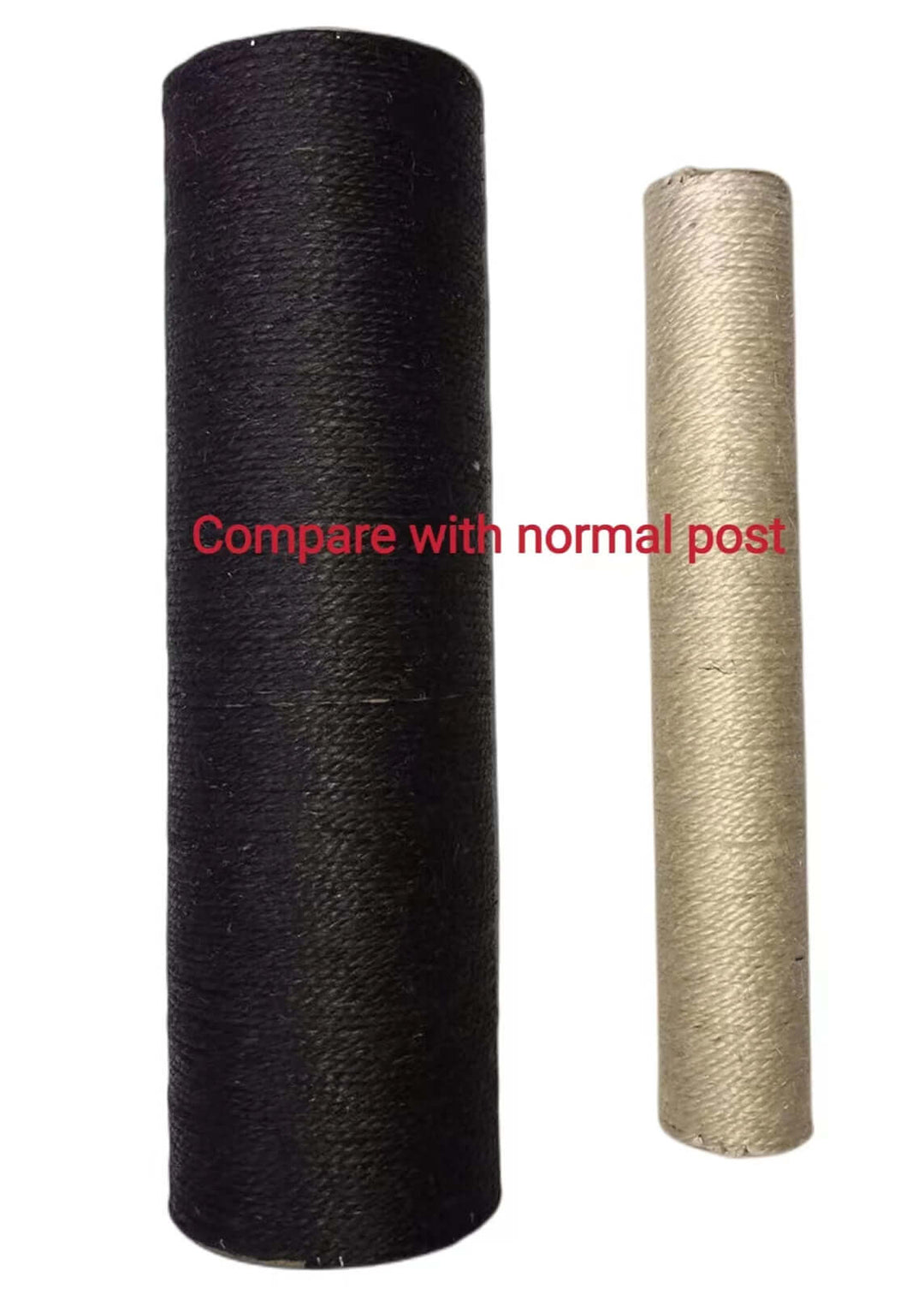 Comparison of thick black and thin beige posts for scratching, showcasing different sizes for cat trees.