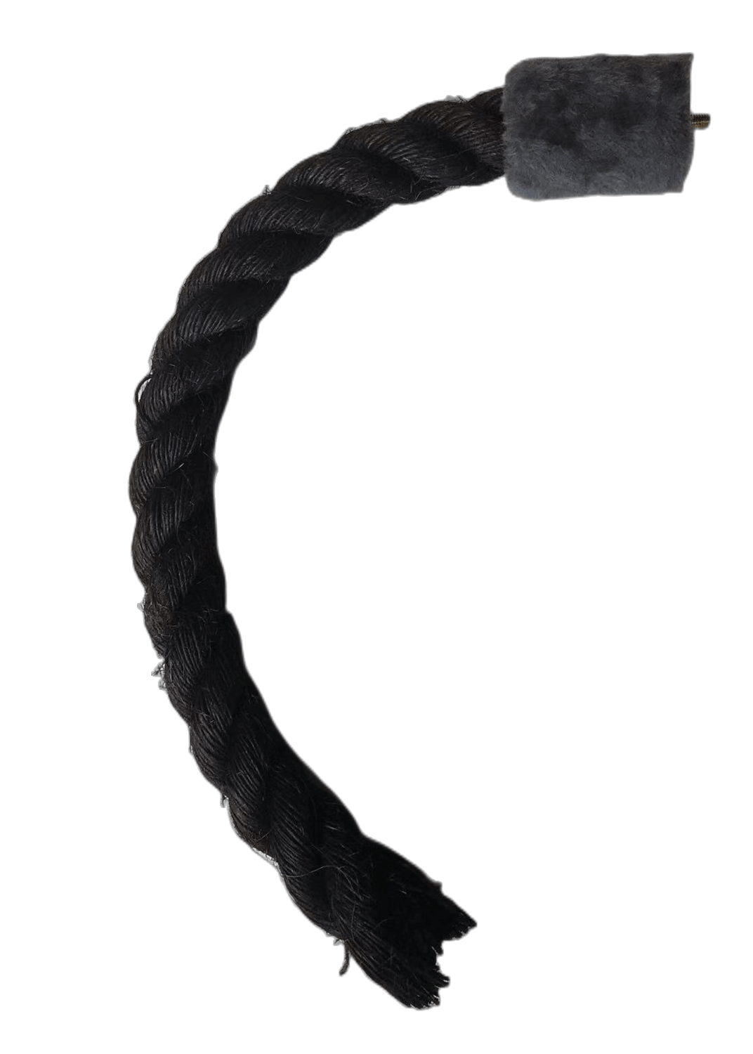 Durable black braided cat toy with a plush handle for scratching and playing.