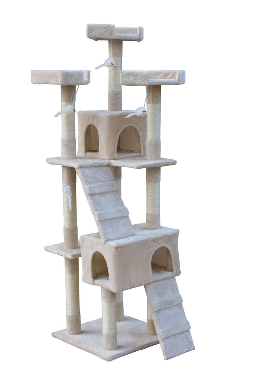 Affordable beige cat scratching post tower with ladder, platforms, and tubes for climbing and scratching.