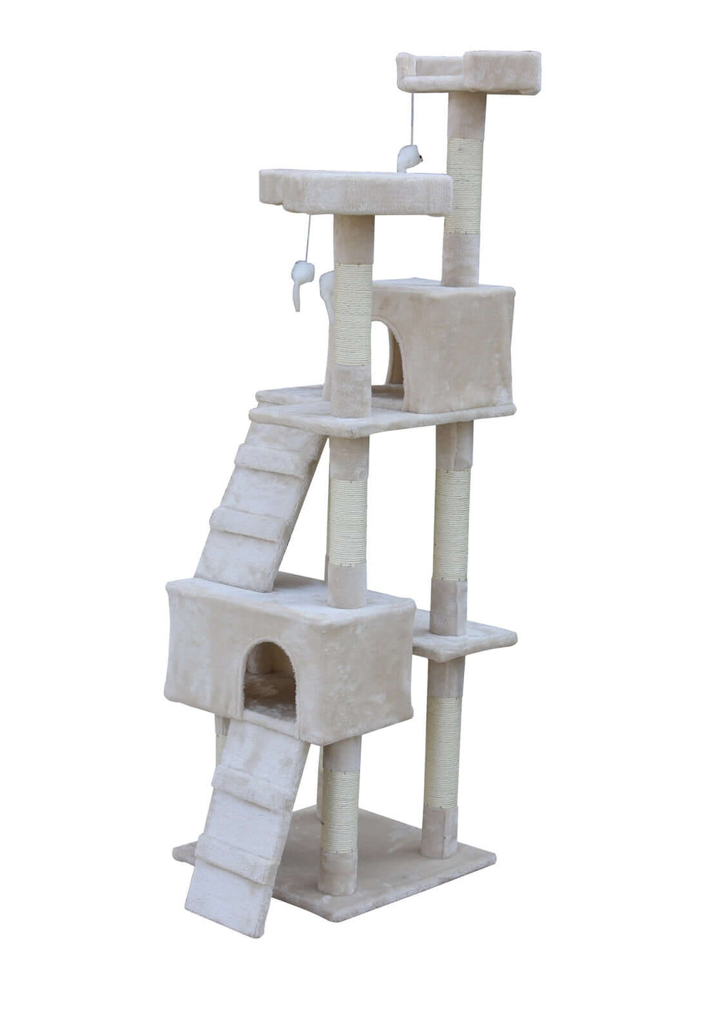 YES4PETS 170cm beige cat scratching post tree with ladder, plush surfaces, and cozy cubed beds for a playful feline paradise.