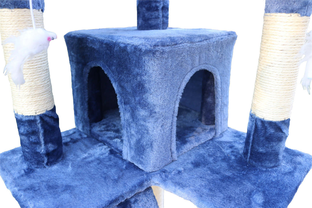 Affordable blue cat scratching post with plush cubes and sisal-wrapped pillars for comfort and fun.