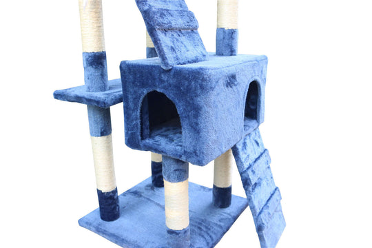 Blue cat scratching post tree with ladder, cubes, and platforms for climbing and scratching. Affordable quality pet furniture.