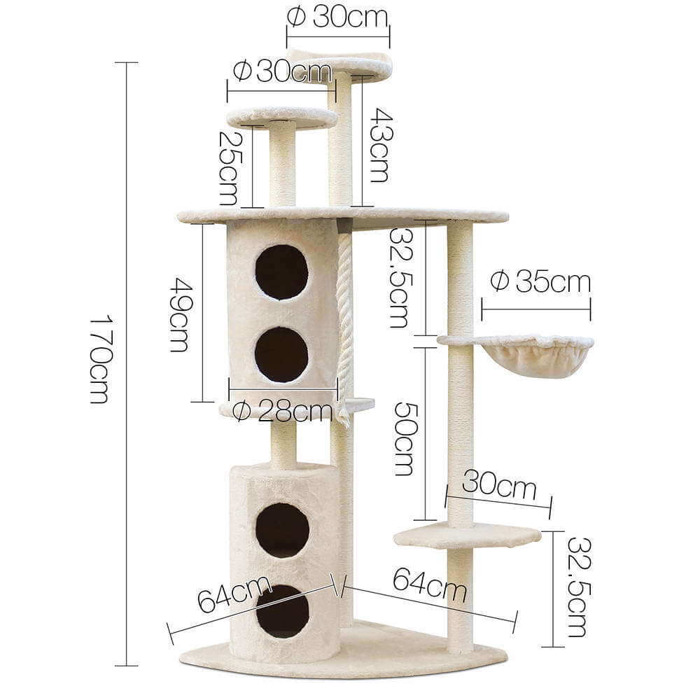 YES4PETS 170cm XL Multi Level Cat Scratching Post Tree diagram with dimensions shown in beige color.