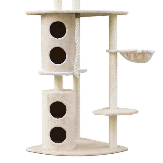 Affordable 170cm beige cat scratching post tree with multiple platforms and tunnels for active cats.