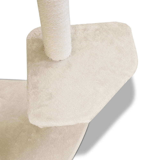 Close-up of beige cat scratching post platform showing quality fabric and sturdy design for active cats.