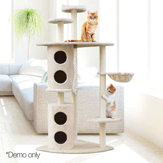 Beige multi-level cat scratching tree with two playful cats, perfect for exercise and relaxation.