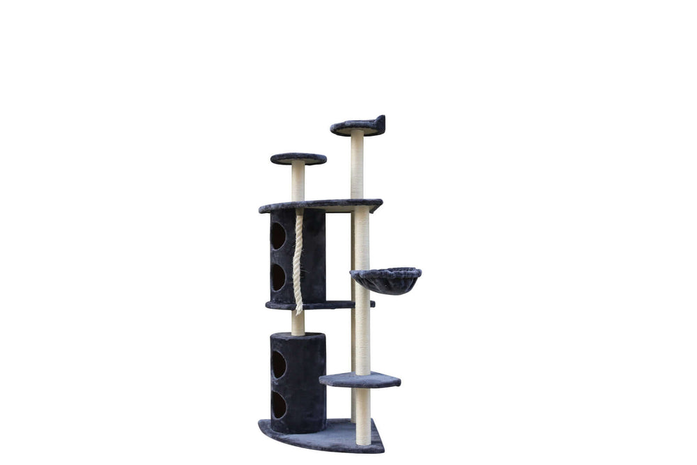 Grey multi-level cat scratching tree with platforms and hideaways for active cats. Affordable and quality pet furniture.