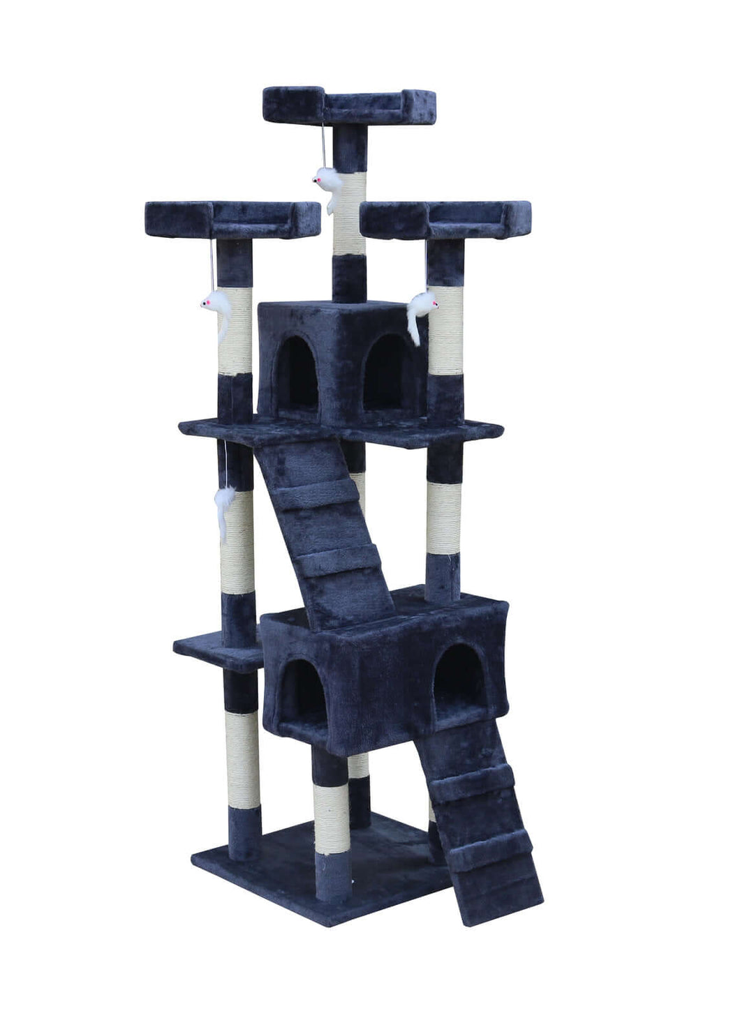 Affordable grey cat scratching post tree with multiple platforms and cozy bed cubes for fun climbing and scratching.