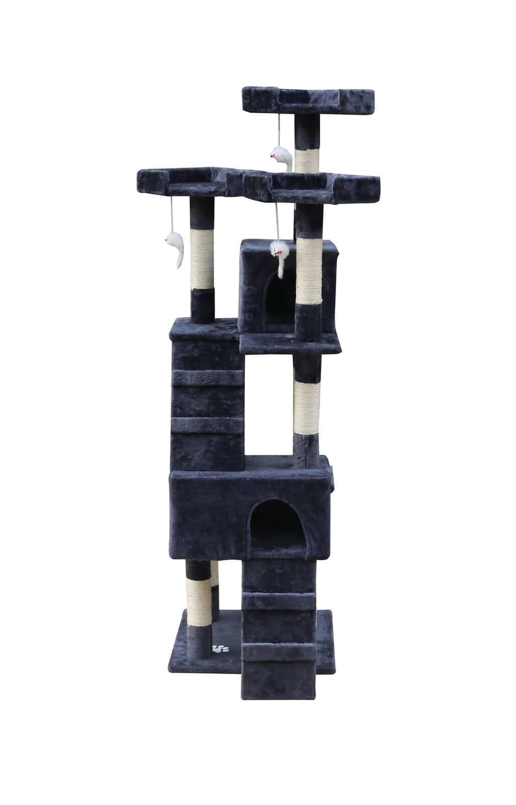 Affordable grey cat scratching post tree with platforms, cubes, and sisal ropes for climbing and scratching.