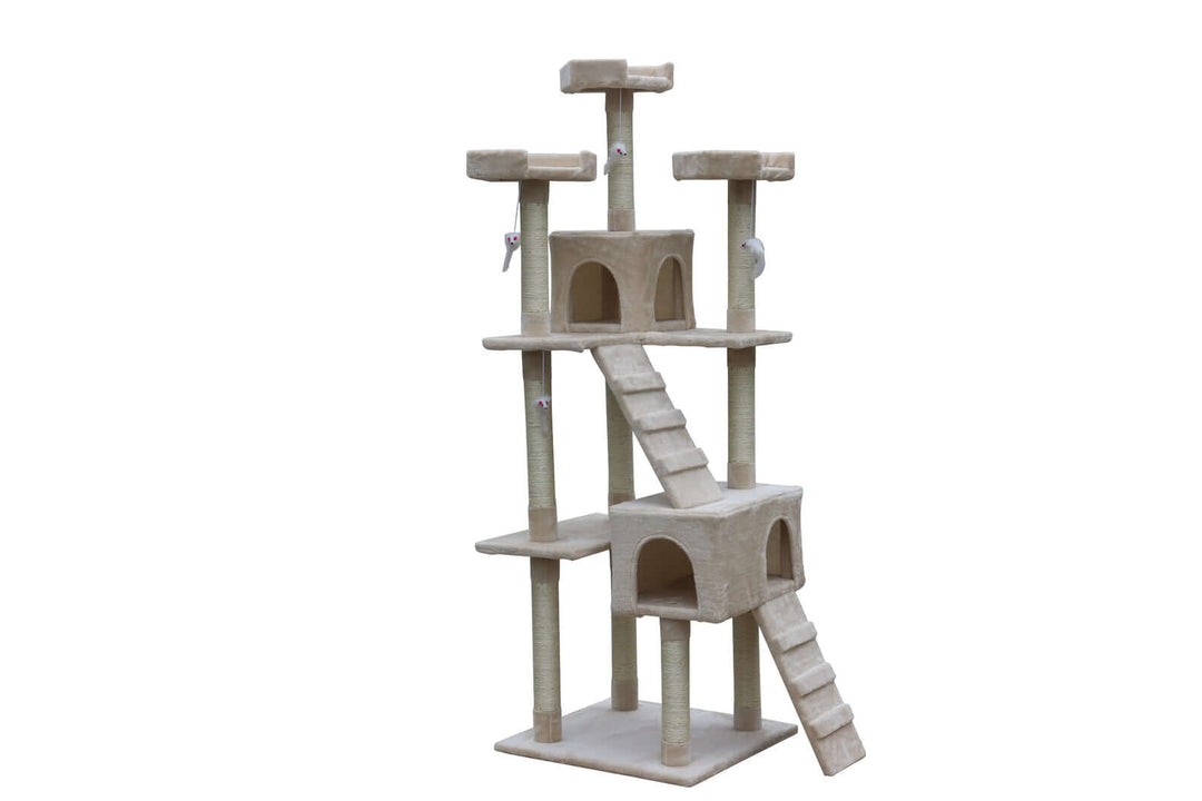 Affordable beige cat scratching post tree with multiple levels, ladder, and cozy bed cubes for play and relaxation.