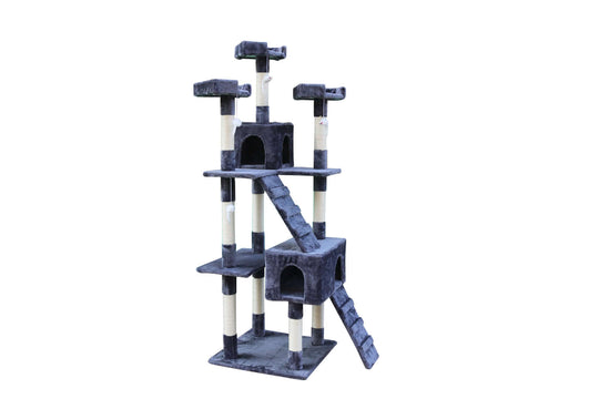 YES4PETS 180 cm cat scratching post with multiple platforms, ramp, and cozy hideouts in grey color.