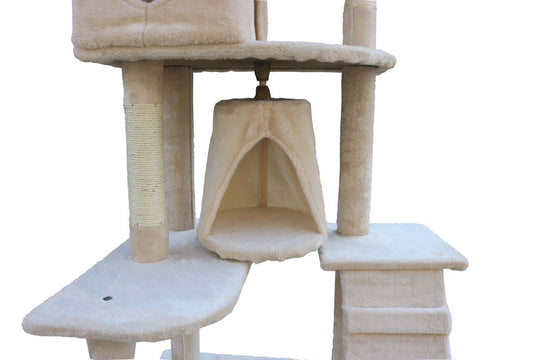 Close-up of YES4PETS Cat Scratching Tree features, including plush fabric and sisal scratching poles, beige color.