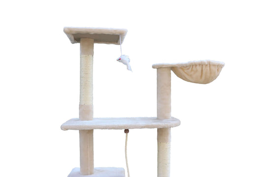 Beige YES4PETS cat scratching tree with plush fabric, sisal poles, and hanging toy for small to medium cats.