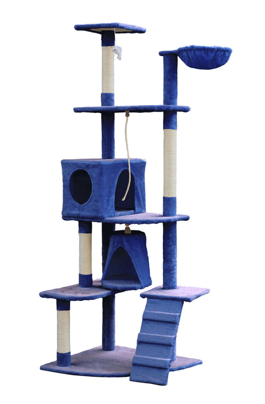 YES4PETS 193cm blue cat scratching tree with sisal posts, plush fabric, and multiple levels for small to medium cats.