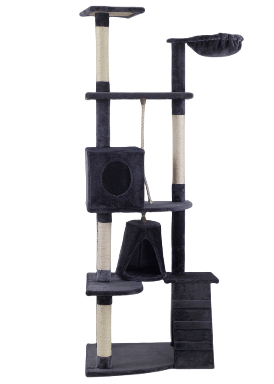 YES4PETS grey cat scratching tree, 193cm tall with sisal poles and plush fabric, ideal for scratching and relaxing.