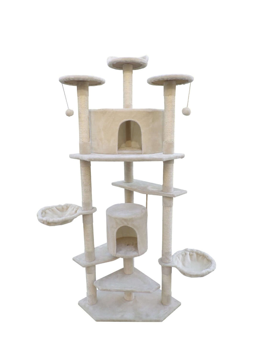 YES4PETS 200 cm beige cat scratching post tree with platforms, tunnels, and hanging toys for entertainment.