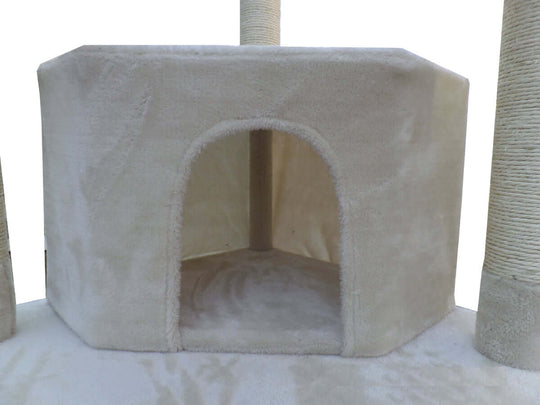 Affordable beige cat scratching post tree house with soft plush interior and entrance for climbing and resting.