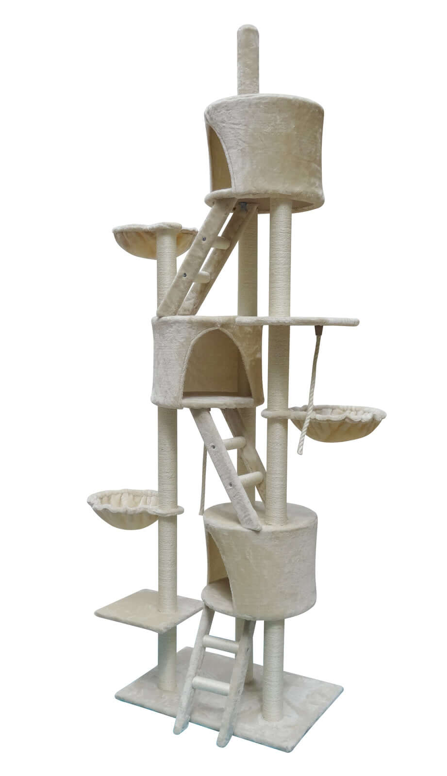 Beige XL multi-level cat scratching post with perches, ladders, and resting areas for multiple cats.