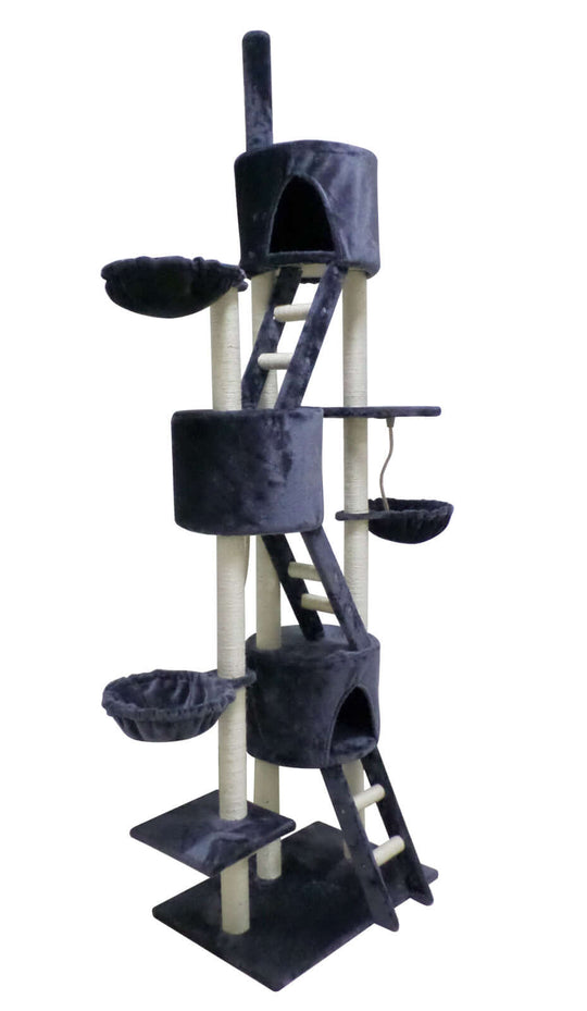 Affordable grey multi-level cat scratching post with sisal poles and plush covering, ideal for multiple cats.