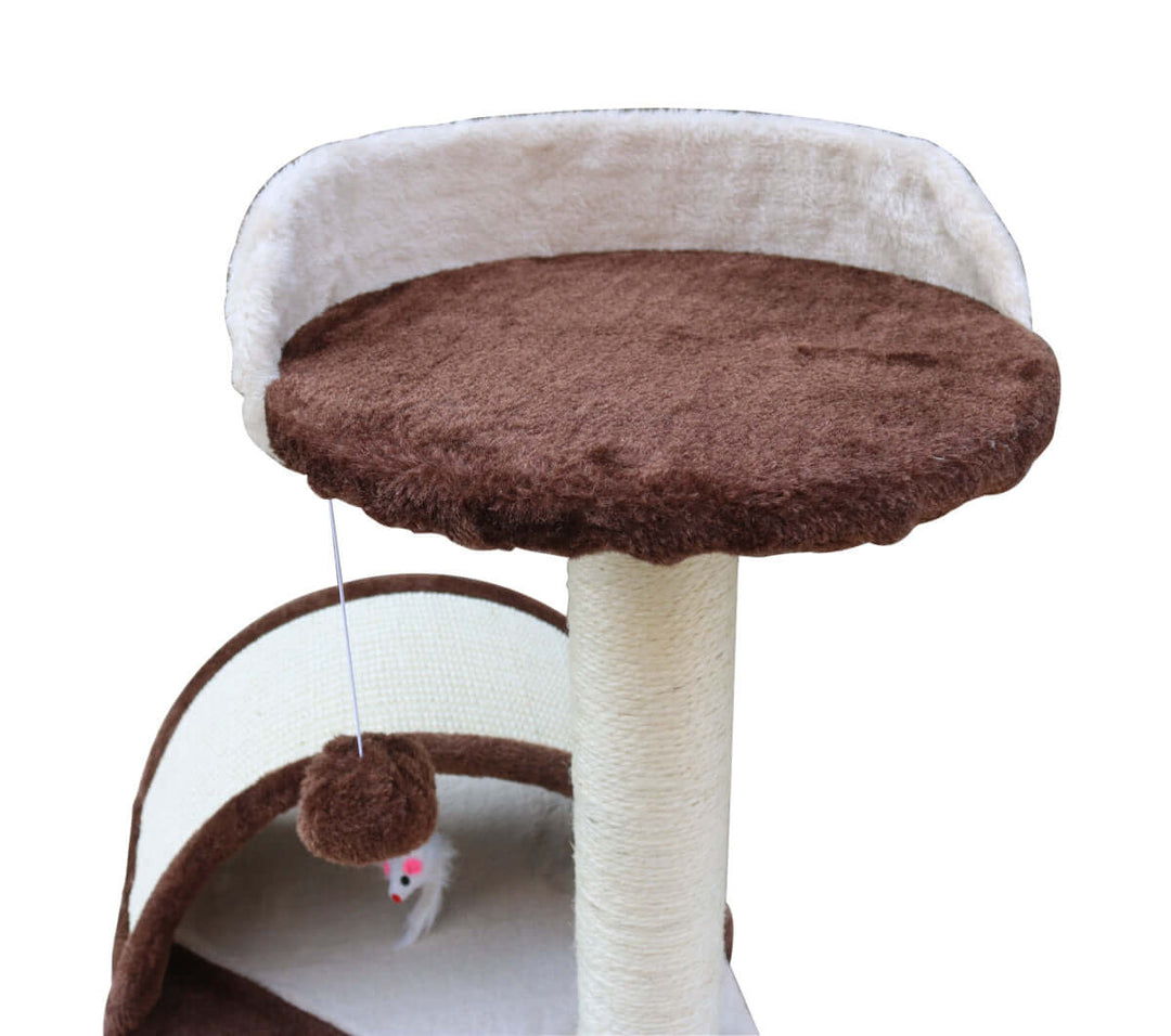 Top view of YES4PETS 50 cm Cat Scratching Post with soft brown platform and hanging toy for playful cats.