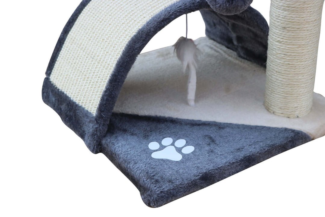 YES4PETS cat scratching post with cozy hideout, soft faux fur, and playful feather toy in grey color.