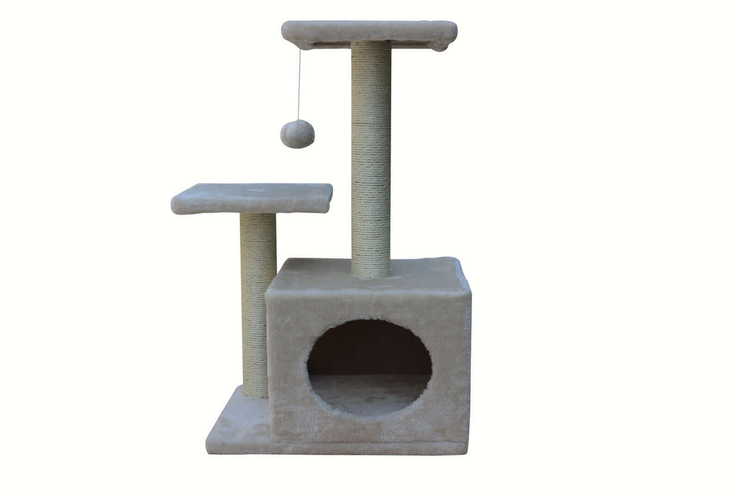 Affordable beige cat scratching tree with double platforms and resting box, perfect for climbing and playing.