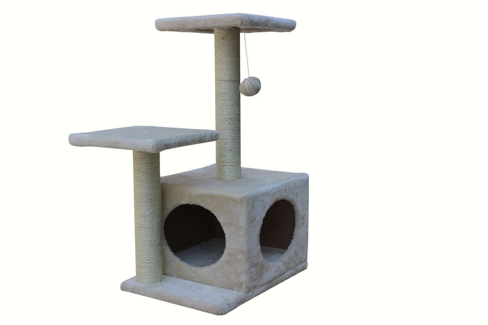 Beige 71cm cat scratching tree with two platforms, a resting box, and a hanging ball for feline fun and comfort.