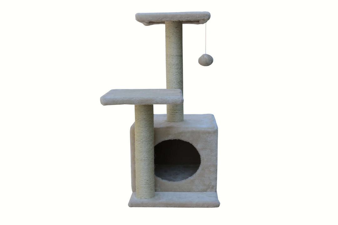 YES4PETS 71cm beige cat scratching tree with two platforms and a resting box, affordable quality furniture for cats.