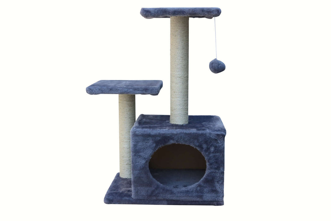 Affordable grey cat scratching tree post with platforms and resting box for climbing and scratching.