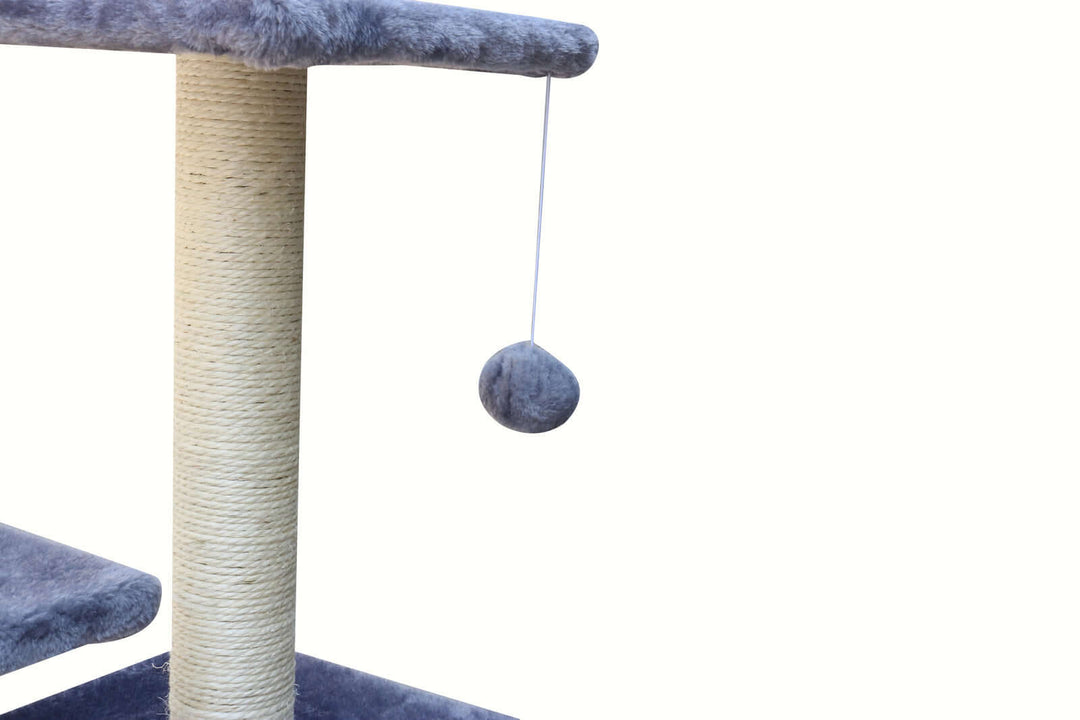 Close-up of YES4PETS 71cm Grey Cat Scratching Tree with plush surface and dangling toy ball for interactive play.