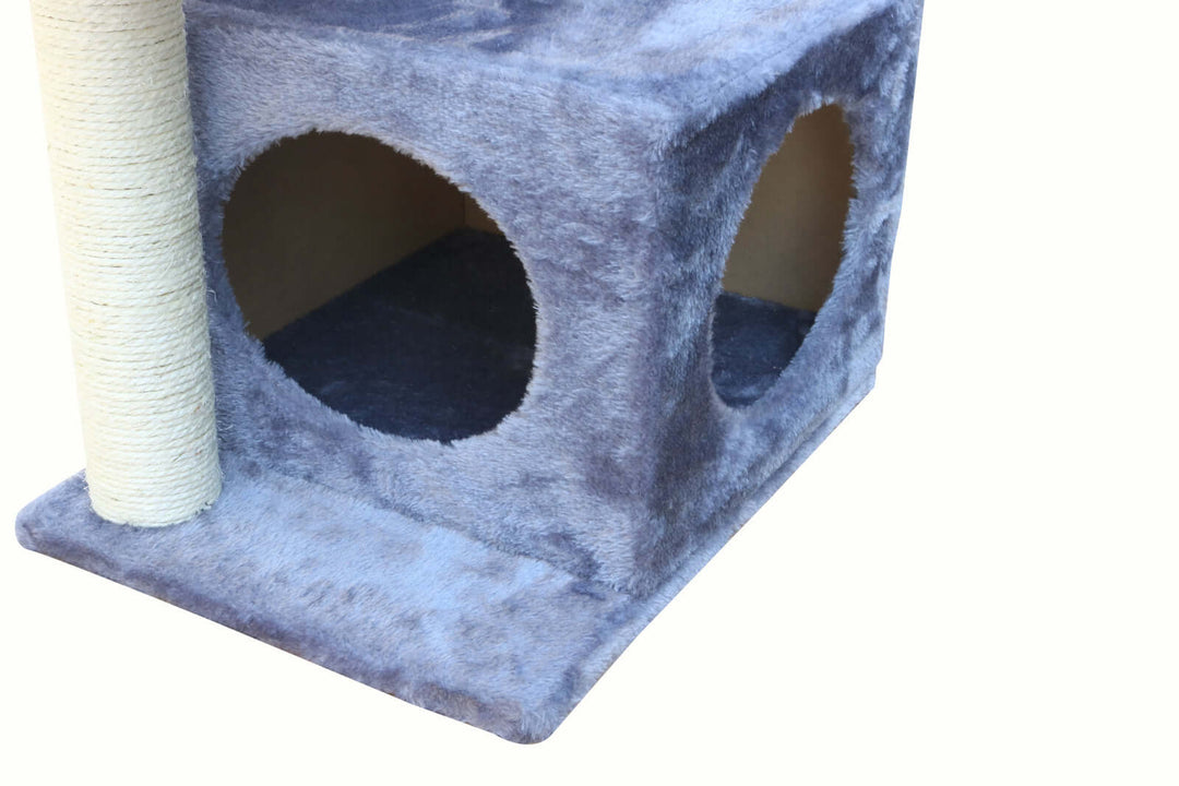 Close-up of a plush grey cat scratching tree with a resting box, designed for comfort and play.